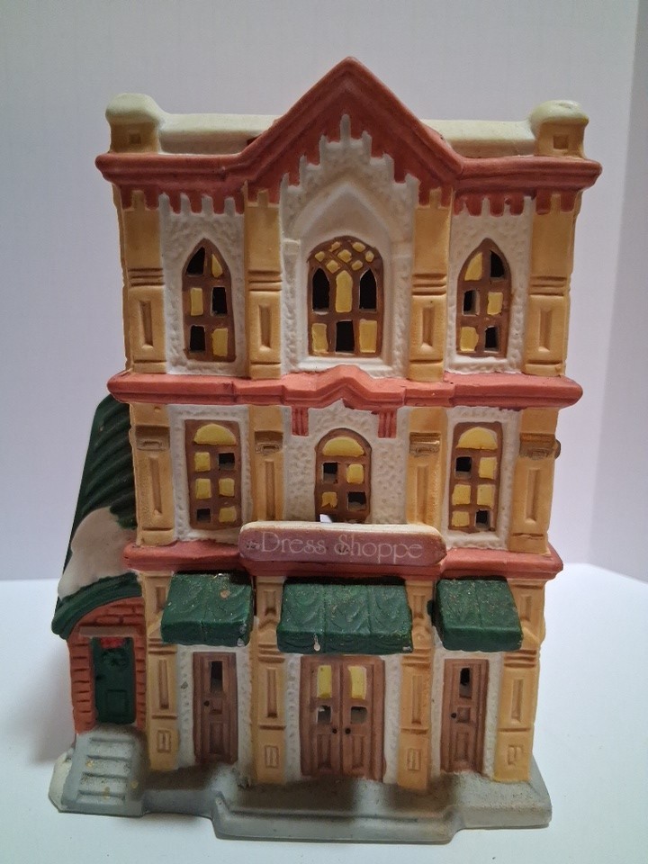 Vintage Dickensville Porcelain Lighted Christmas Village Dress Shop 6 1/2″ T 5″w