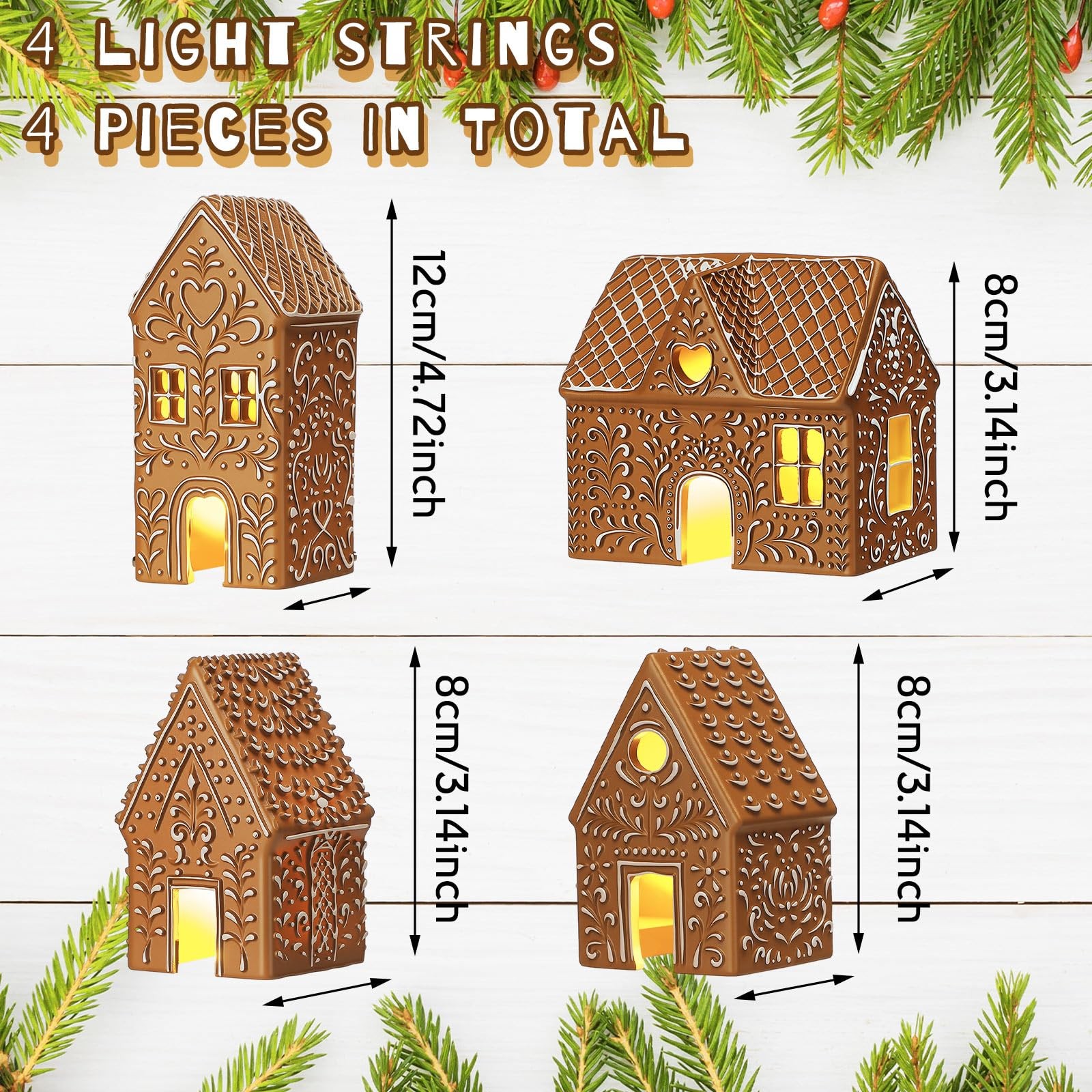 4 Pcs Christmas Lighted Gingerbread House Decoration Resin House Village Figu…