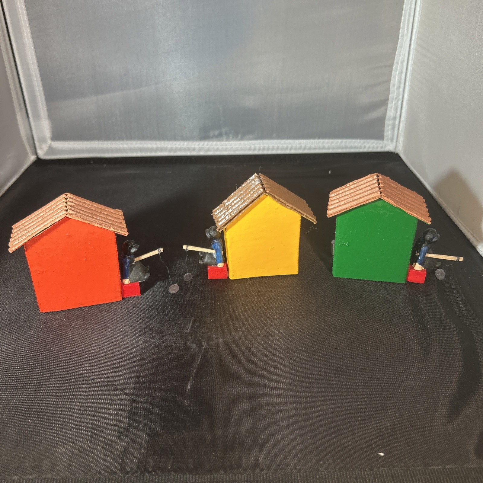 3 Vintage 80’s Painted Wood Christmas Village Ice Shanty W/Fishermen Folk Art 3”