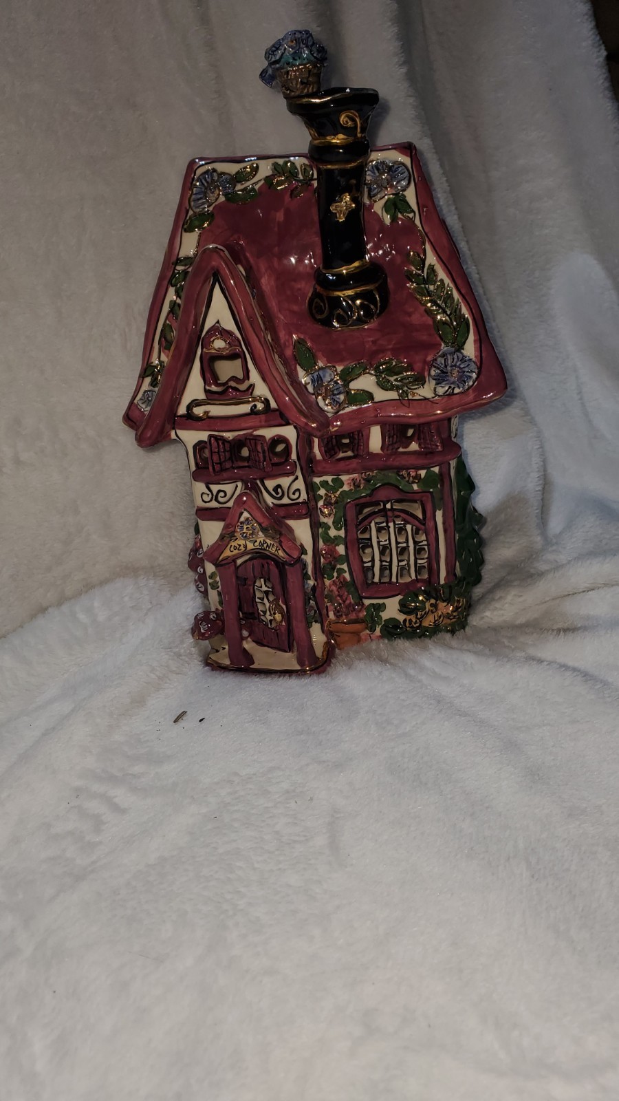 Heather Goldminc Collectible Ceramic Cottage House, Hand Painted, Floral, Glossy