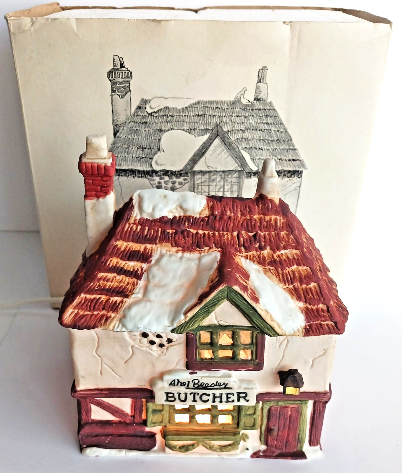 Dept 56 Abel Beesley Butcher Shop Dickens Village Series 6515-3 w/ light Orig