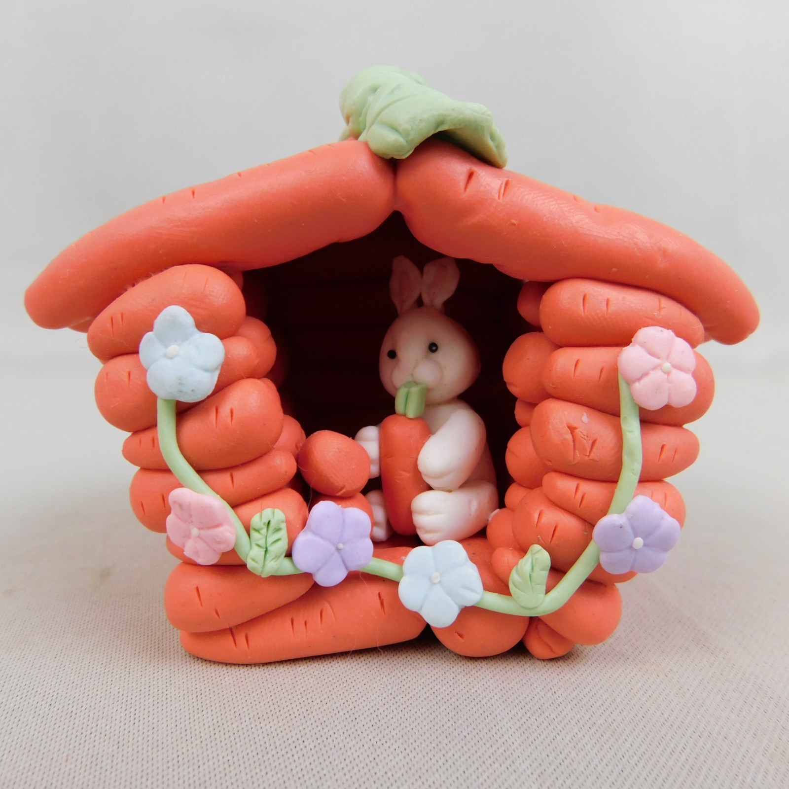 2pc Set Polymer Clay Carrot House Cabins & Easter Bunny Figurines