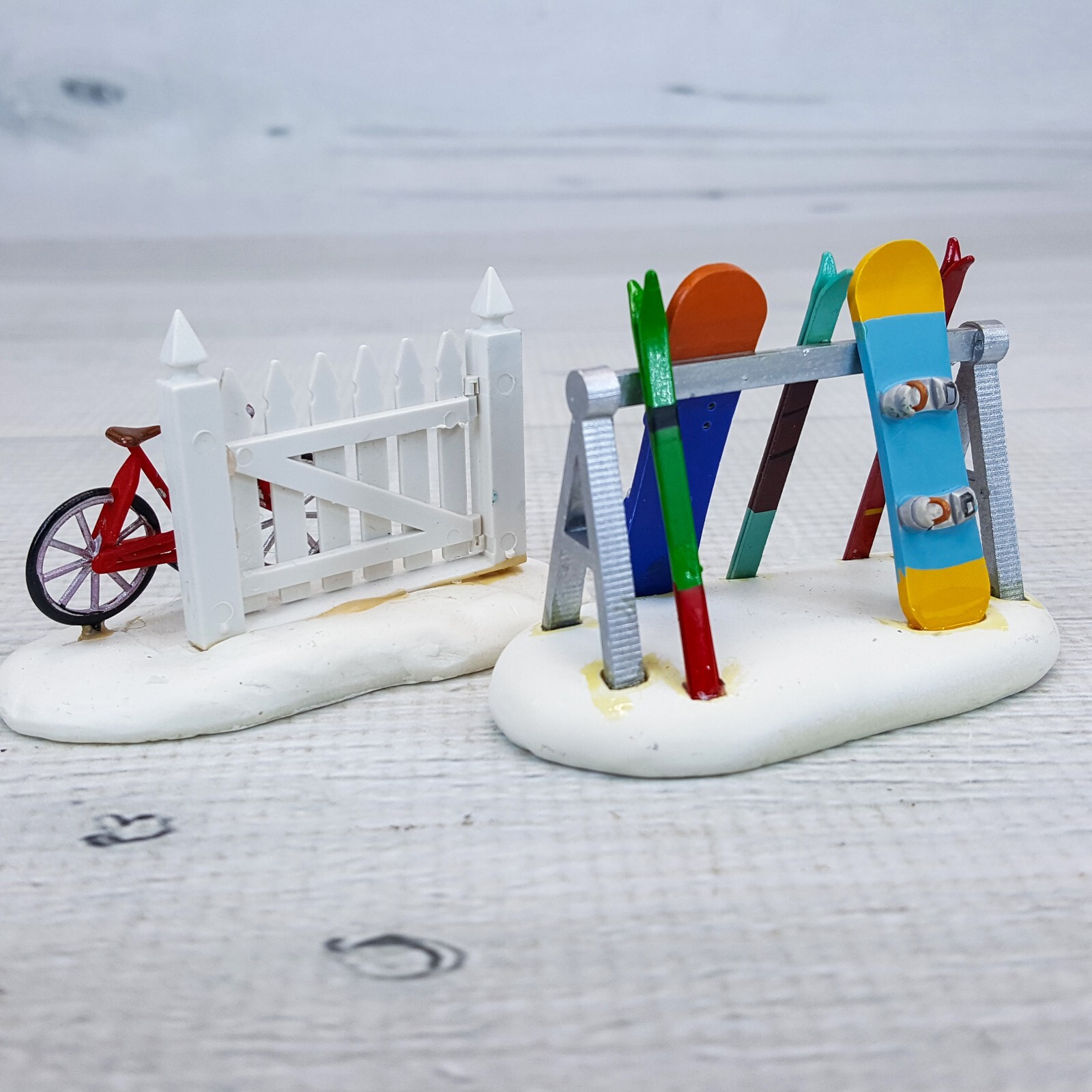 Lemax Village Figures 2pcs Red Bicycle w/ Picket Fence & Snowboard Ski Rack