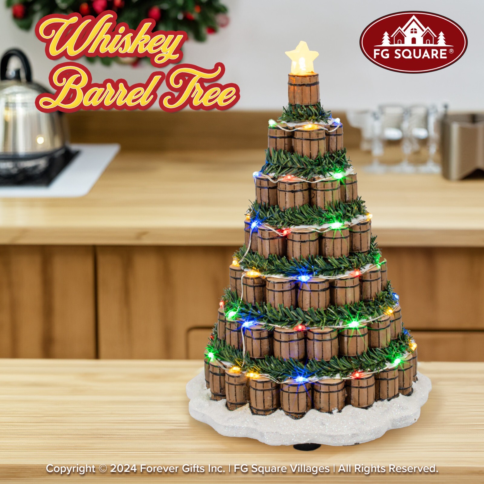 FG Square Whiskey Barrel Tree Star LED Lights Christmas Village Decor 5.5×5.5×8″