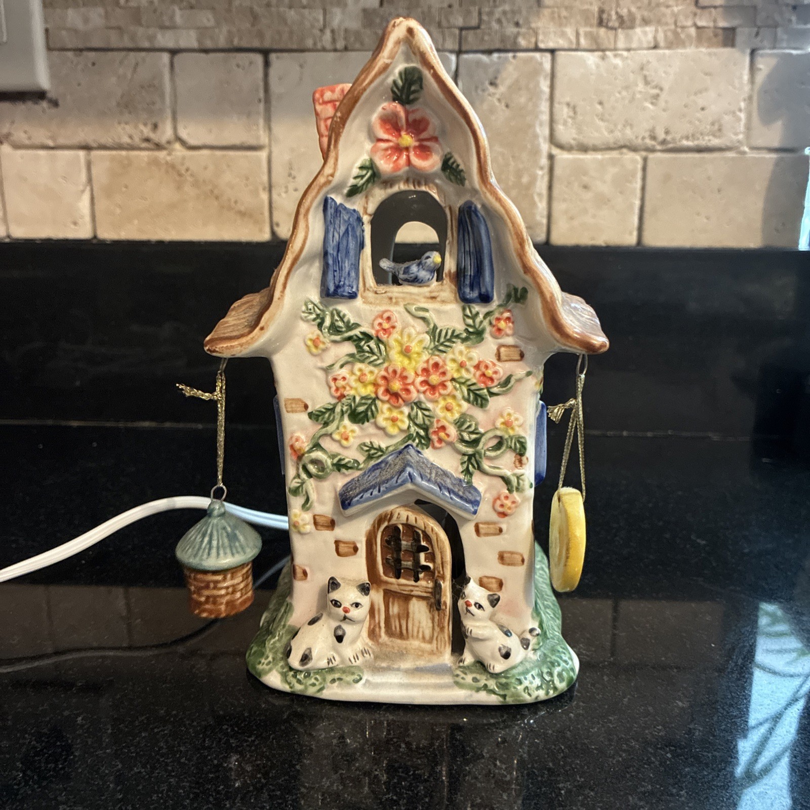 Vintage Whimsical Lighted Fairy Cottage House Bird Cat Flowers Cottagecore