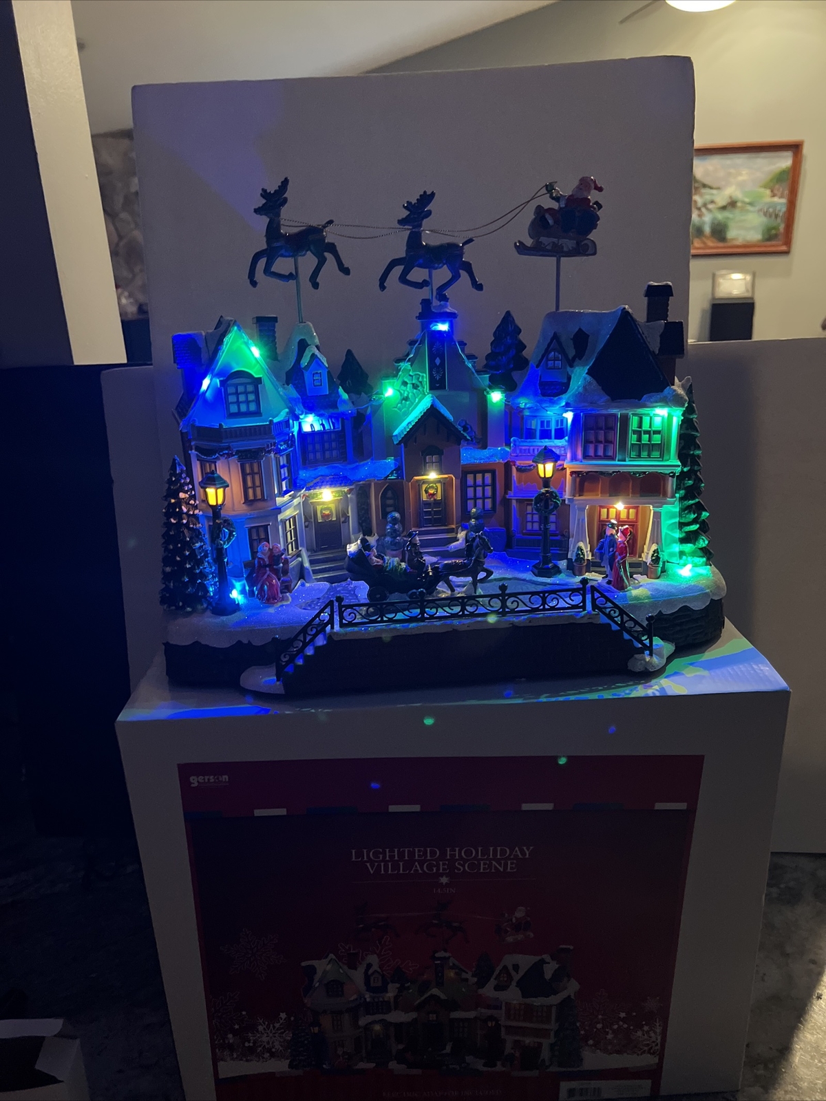 14.5” Animated MUSIC LIGHTED santa reindeer Victorian Church Christmas Village