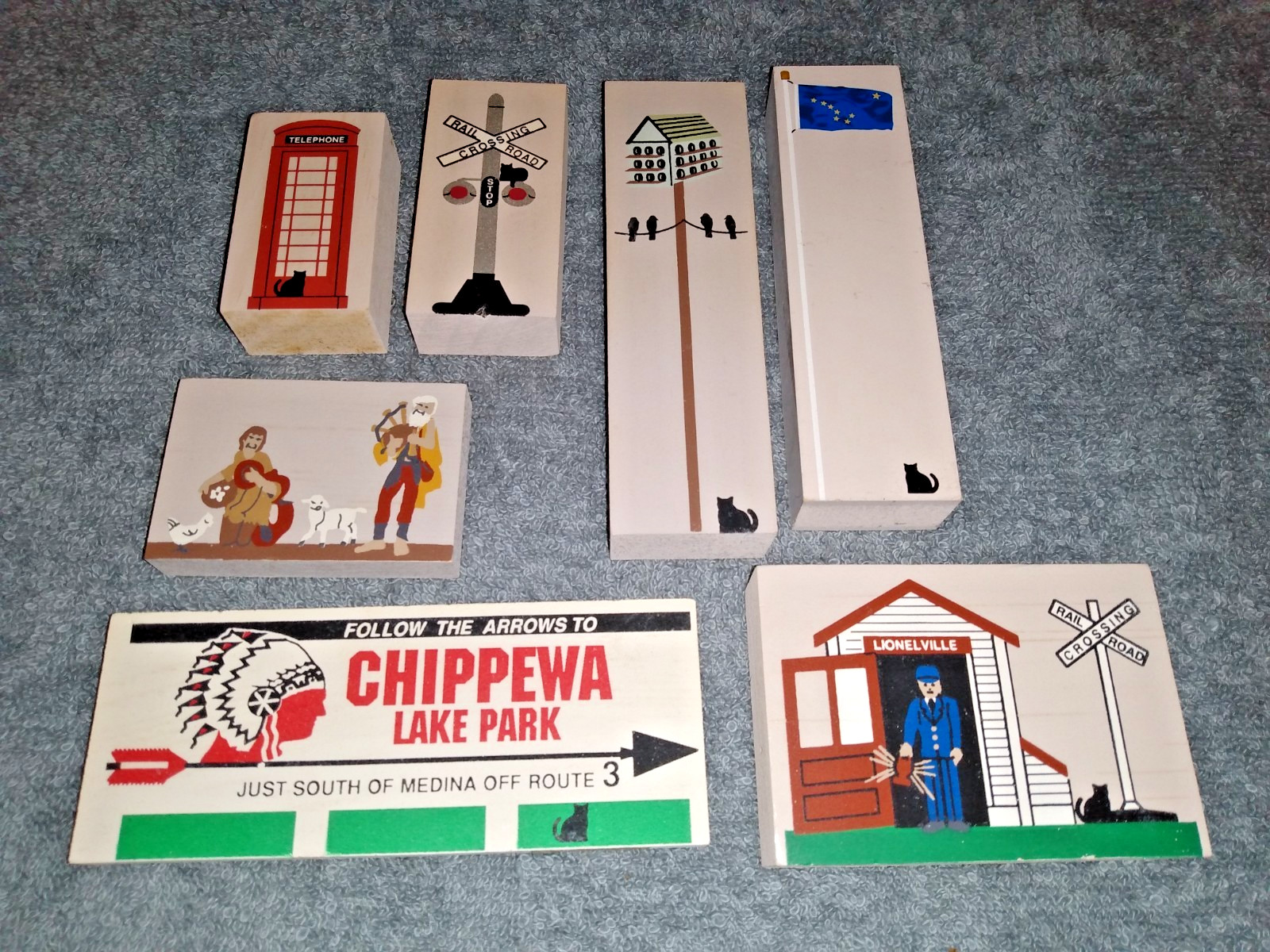 Lot 7 Assorted The Cat’s Meow Wooden Village Sitters Flag Train Signs