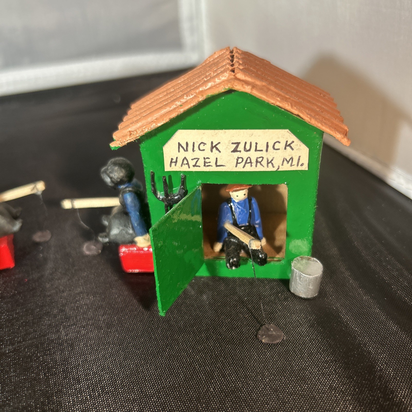 3 Vintage 80’s Painted Wood Christmas Village Ice Shanty W/Fishermen Folk Art 3”