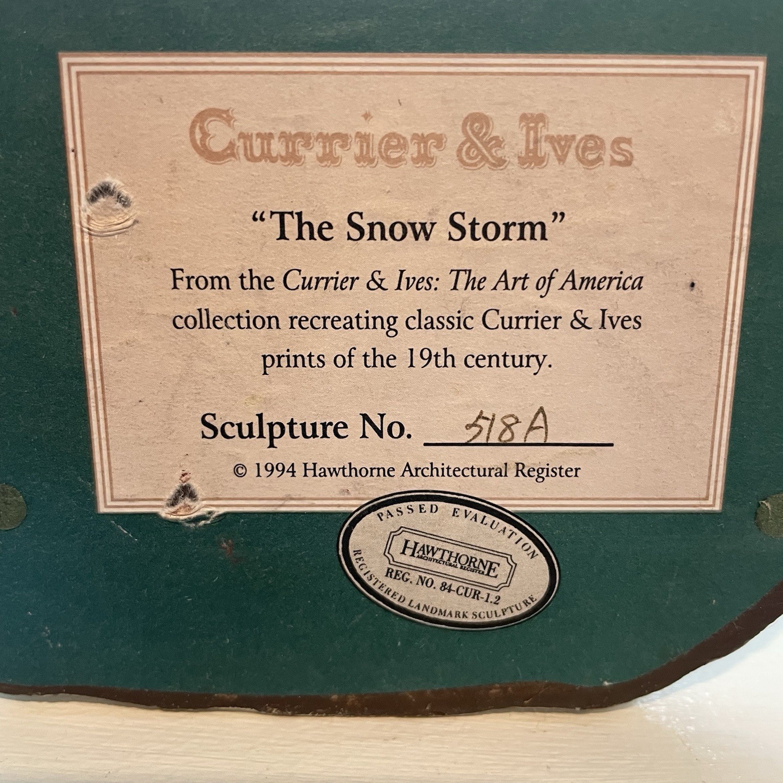 VTG 1994 Currier & Ives The Snow Storm Sculpture #518A Miniature Hawthorne