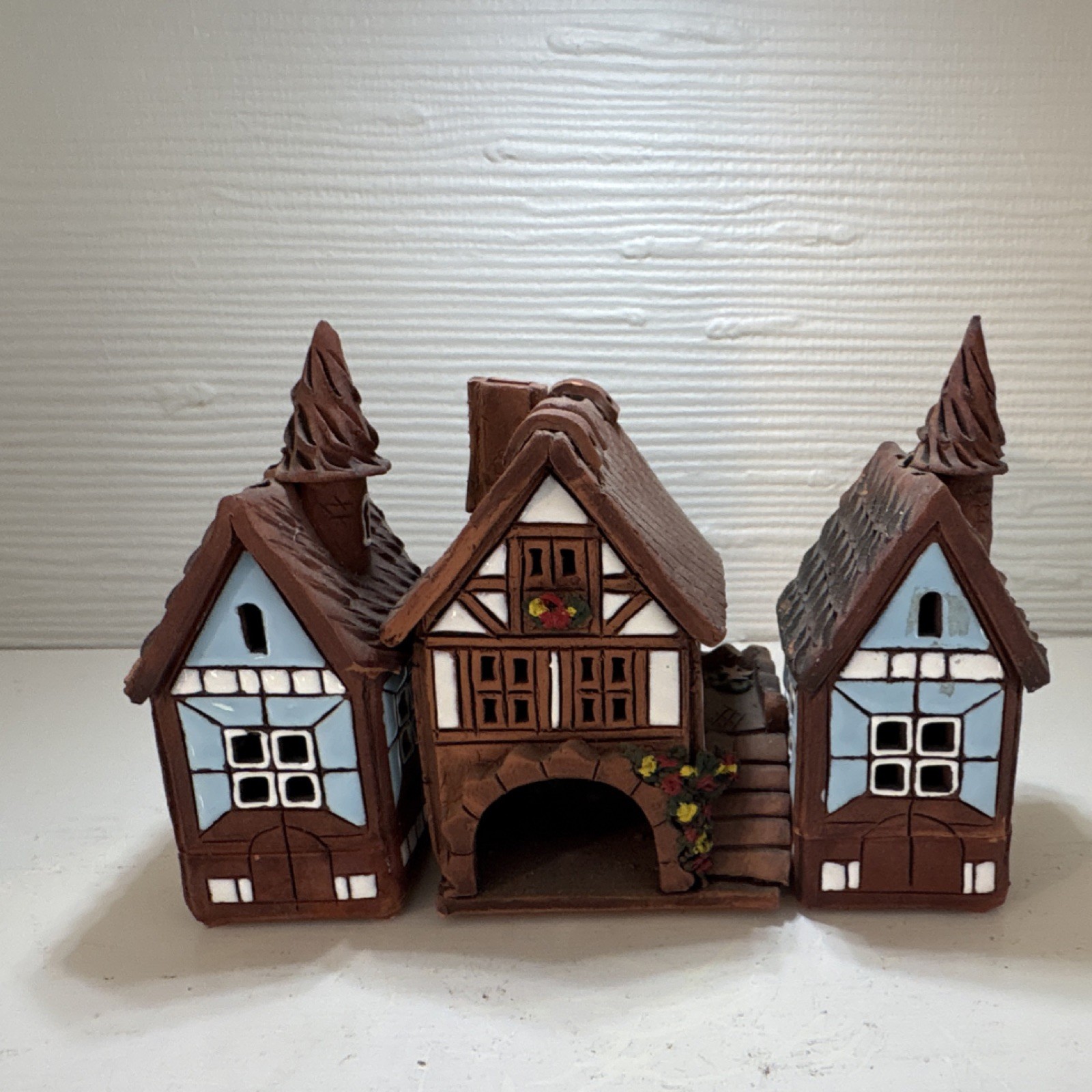 Handmade Hand Painted Ceramic Village House Figurines Set of 3 Brown Blue White