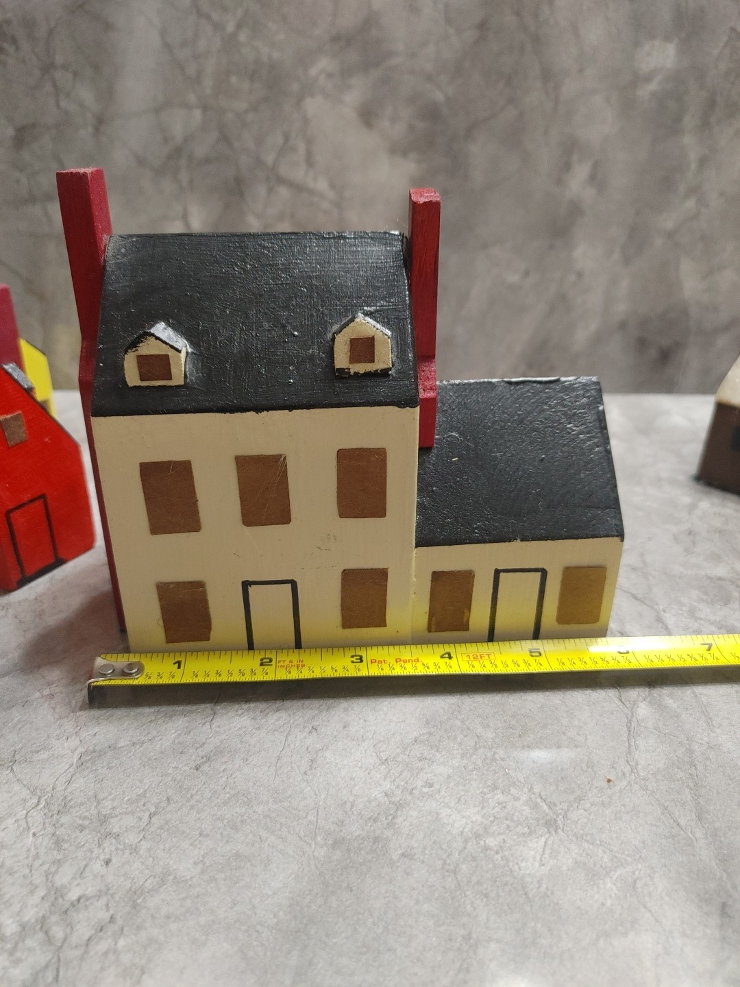 Primitive Folk Art Wood Block Village Houses Set Of 7 Handmade Painted Buildings