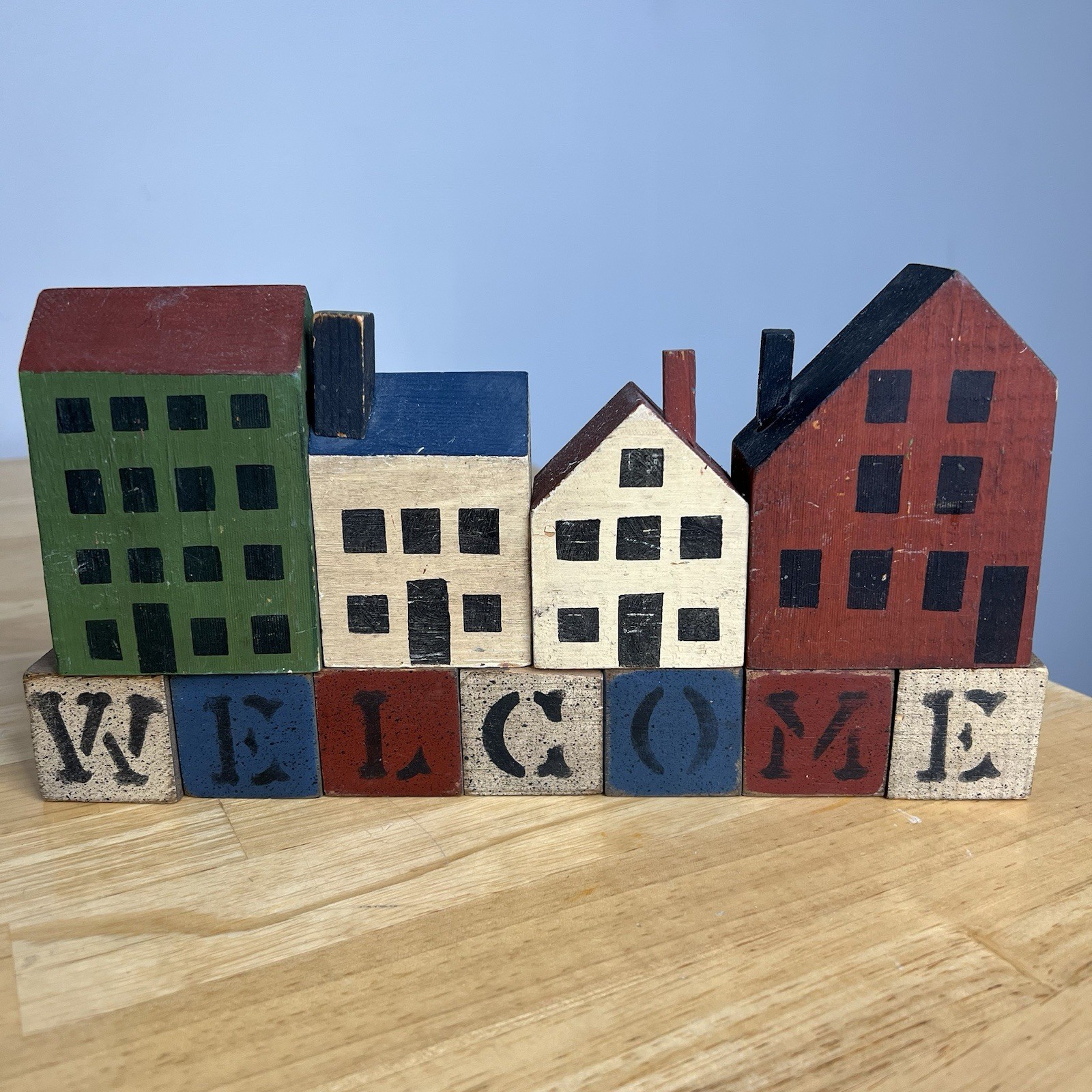 Primitive Folk Art Wood Block Village House Set 4 Handmade Painted Shops + See