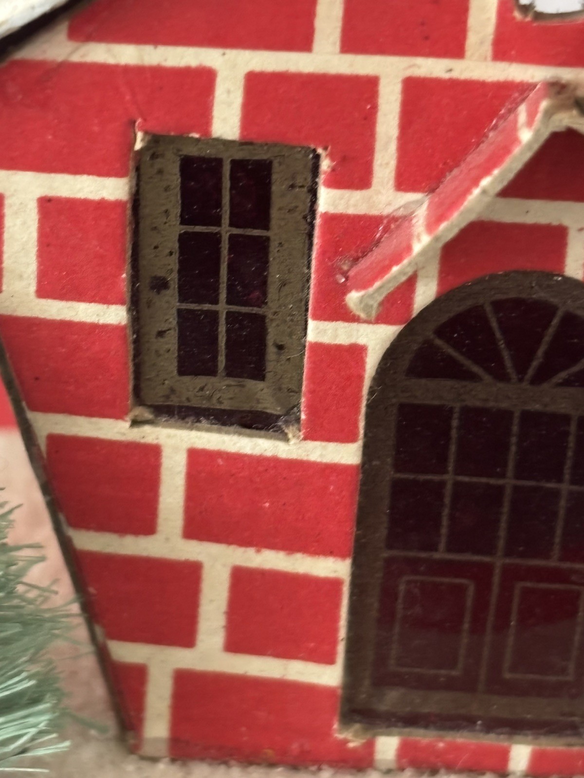 Vntg Putz House Red Brick with Cello Windows & Bottle Brush Tree Glitter L-D