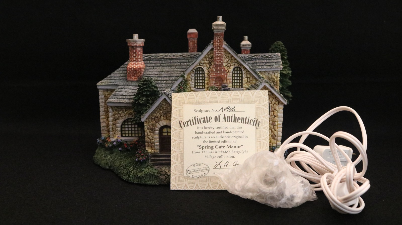 Thomas Kinkade Hawthorne Seaside Village “Spring Gate Manor” w COA & Light Kit