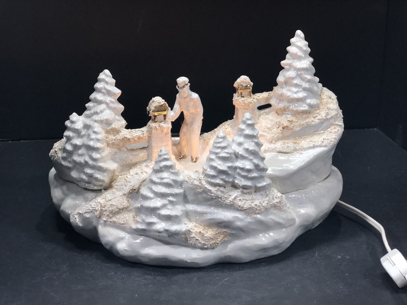 Solid White Winter Wonderland Christmas Figure Lighted Gold Trim Glitter Accents