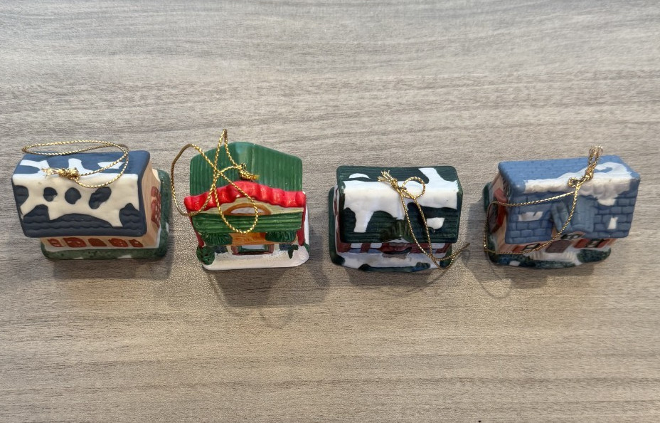 Set of 4 Ceramic Christmas Village Houses, Painted Multicolor Miniatures