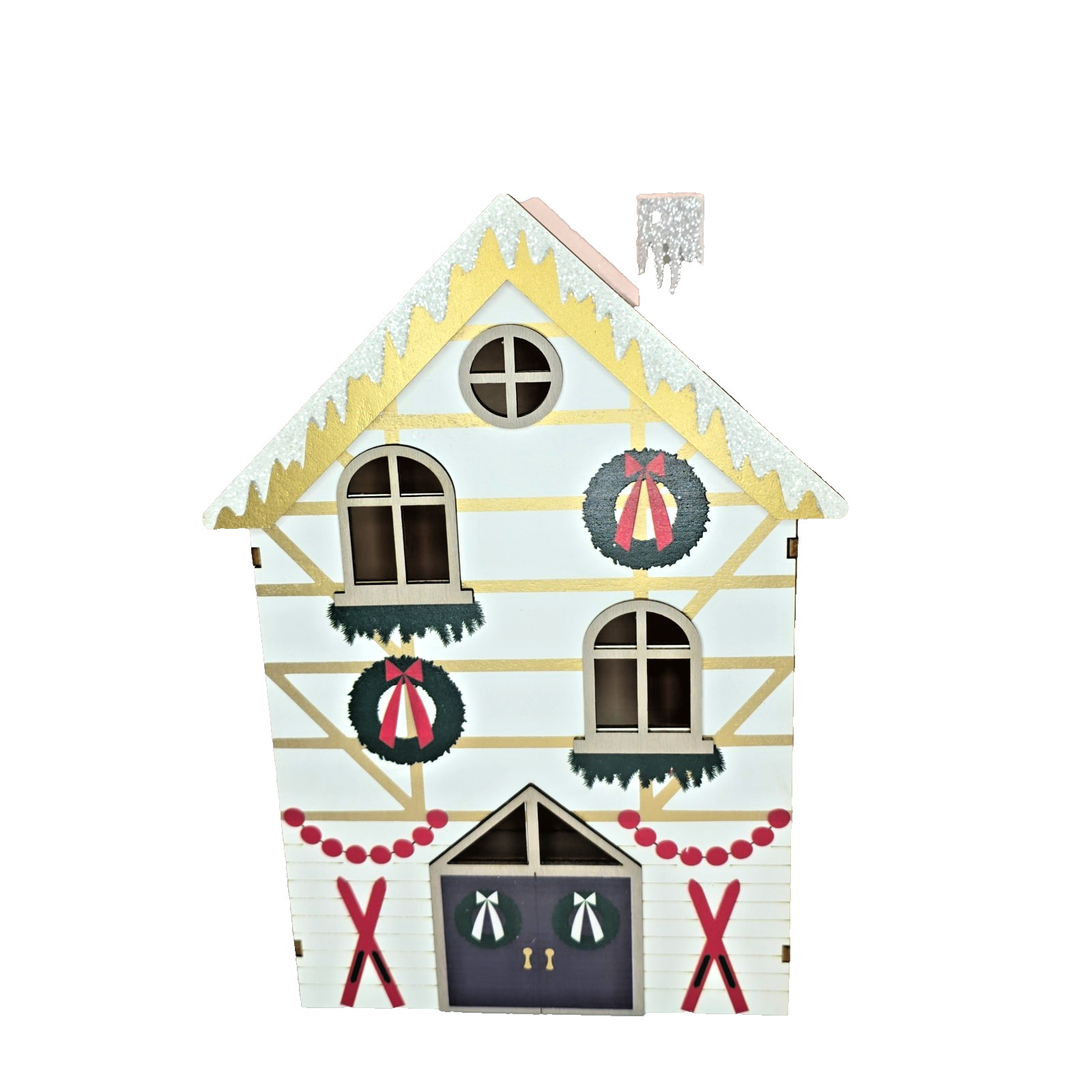 Christmas Village Houses Set Of 4 Wooden Nesting Glitter Decor BNIB Holiday