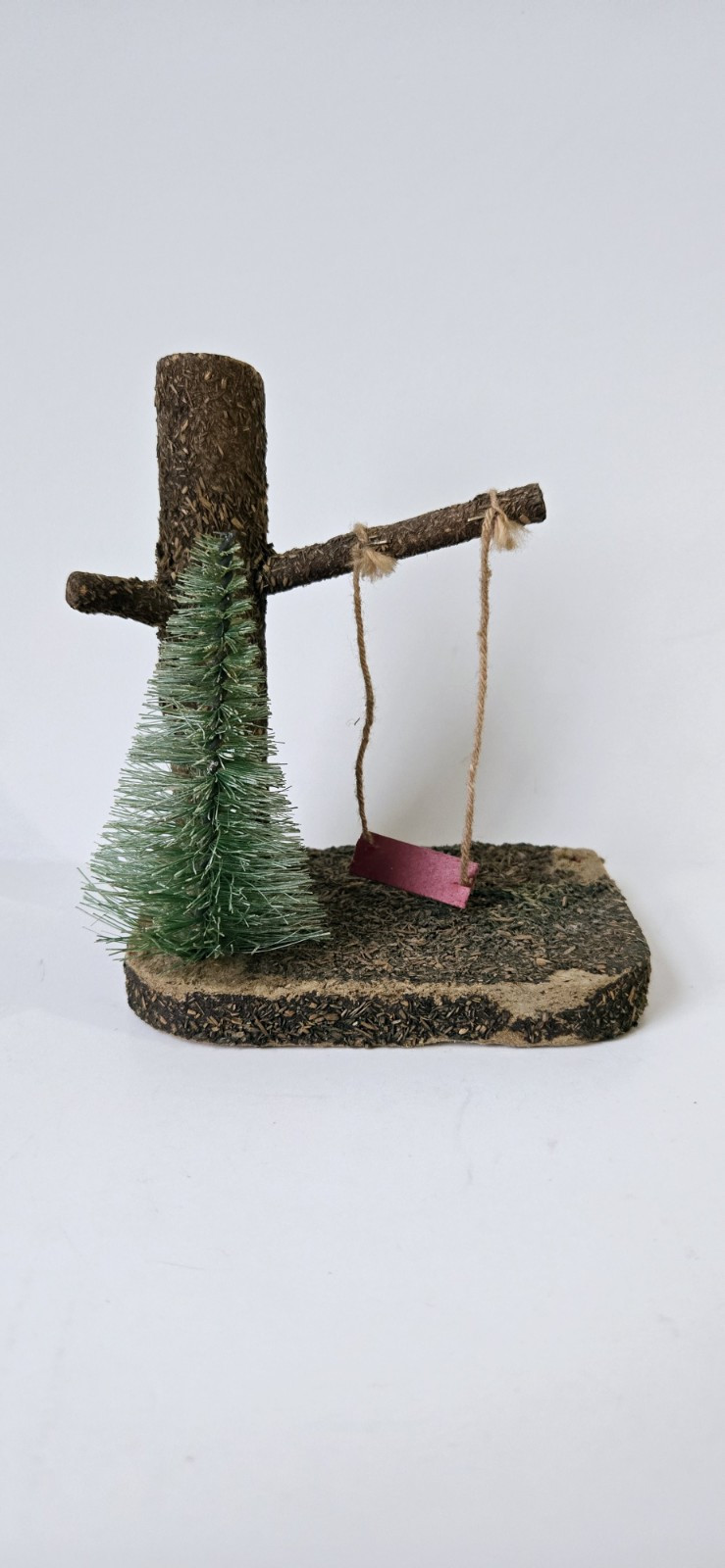 Vintage Christmas village piece putz stick wooden swing bottle brush tree German