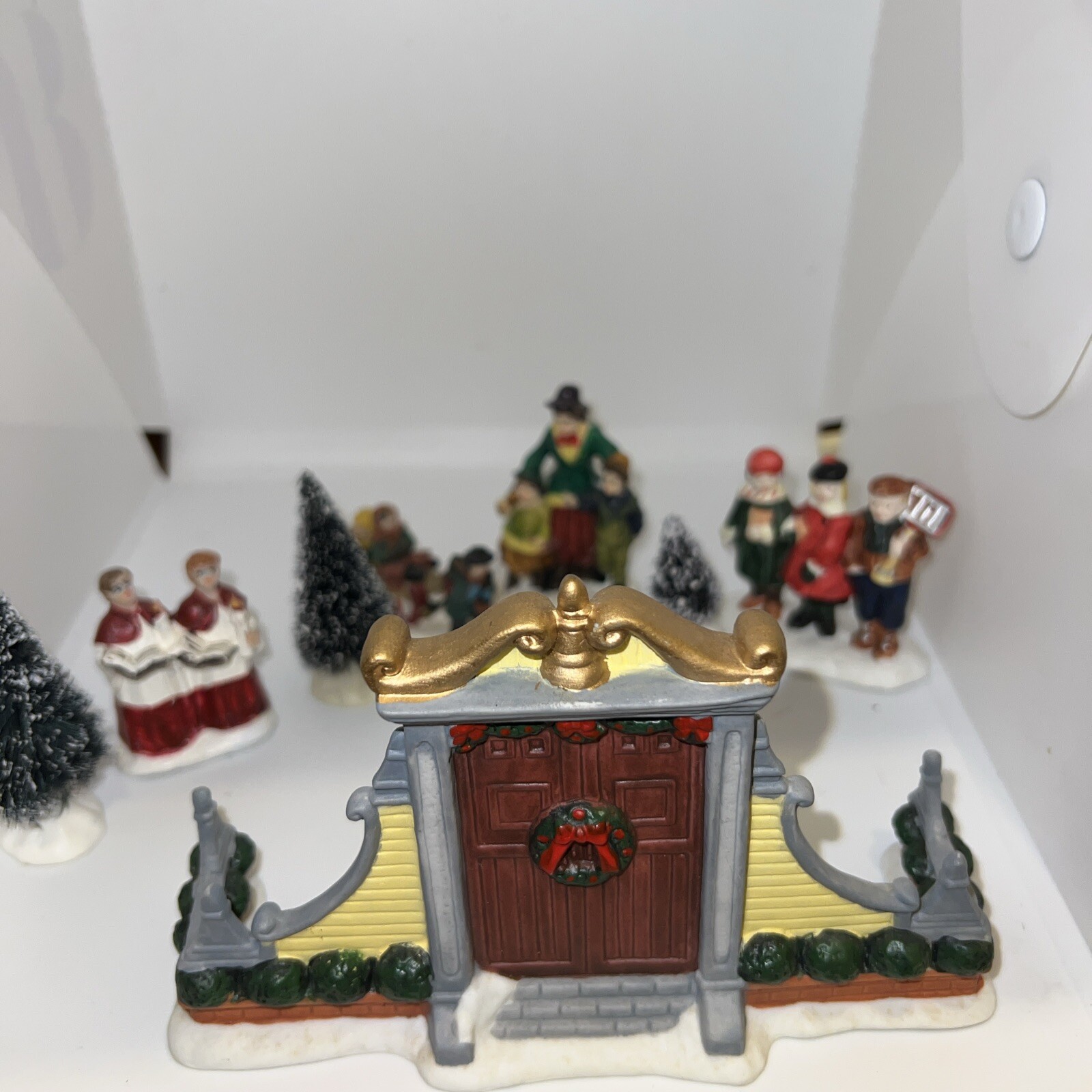 Christmas Village Accessories, 8 Pieces, Figures, Bottle Brush Trees Red door