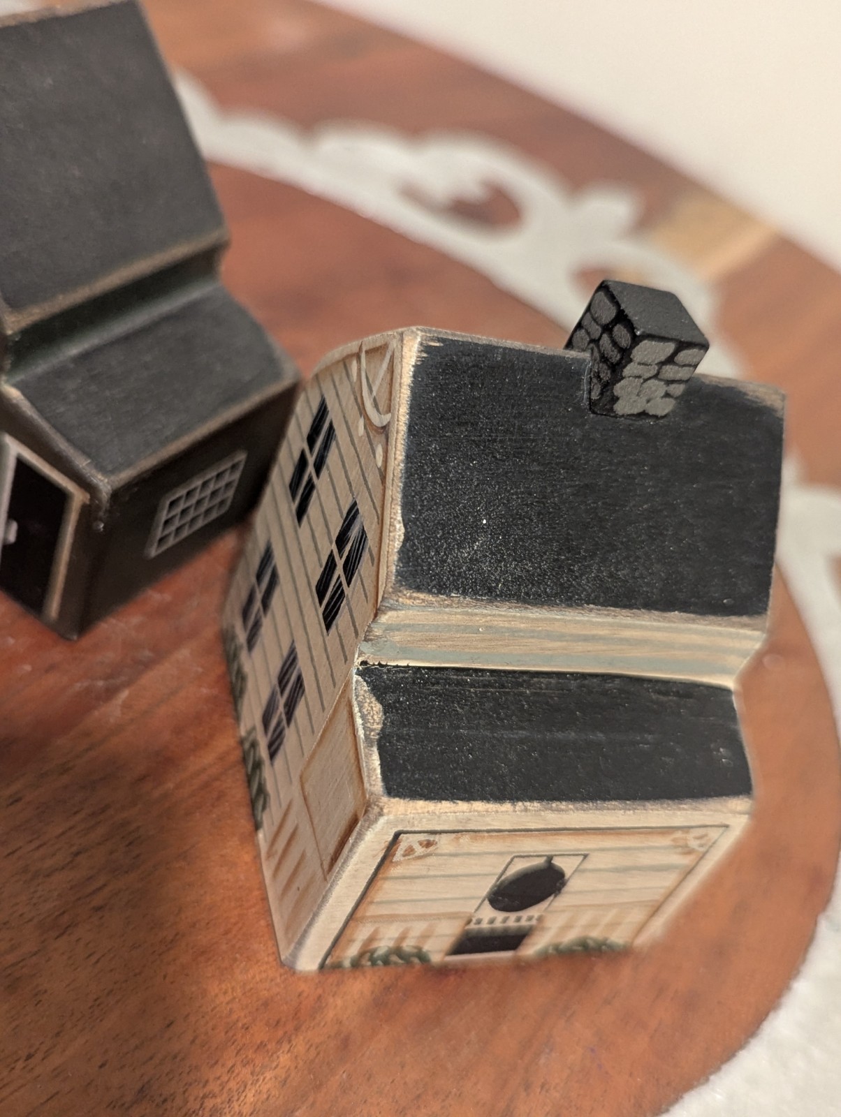 Two Unbranded Primitive Miniature Solid Wood Village Saltbox House Decorations