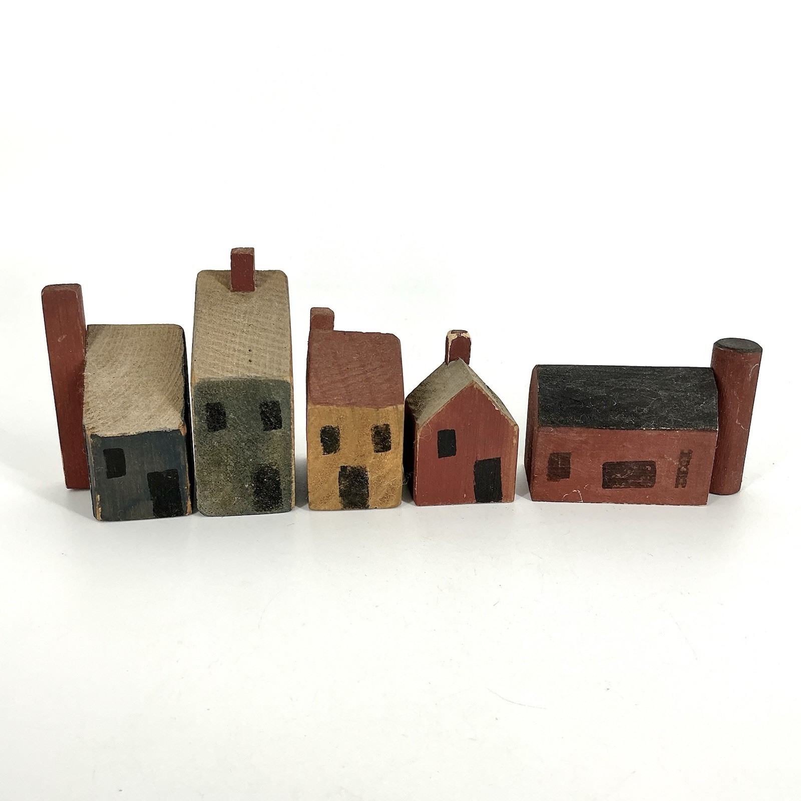 Primitive Style Wood Block Village Houses and Barn 5 Pcs Handmade Signed Vintage