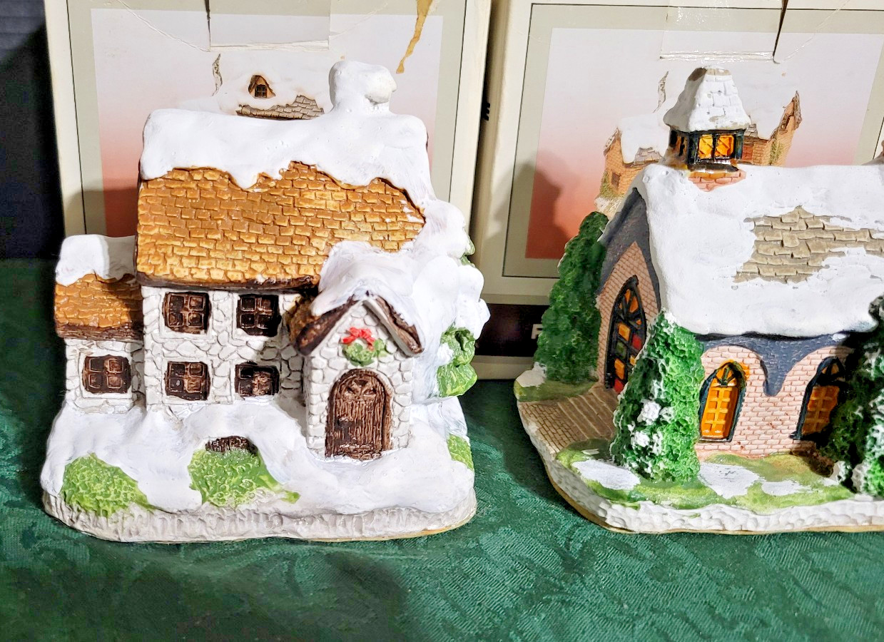 4 Vintage Hand Painted Plaster Snow Houses -TAIWAN -4″high StartYour own village