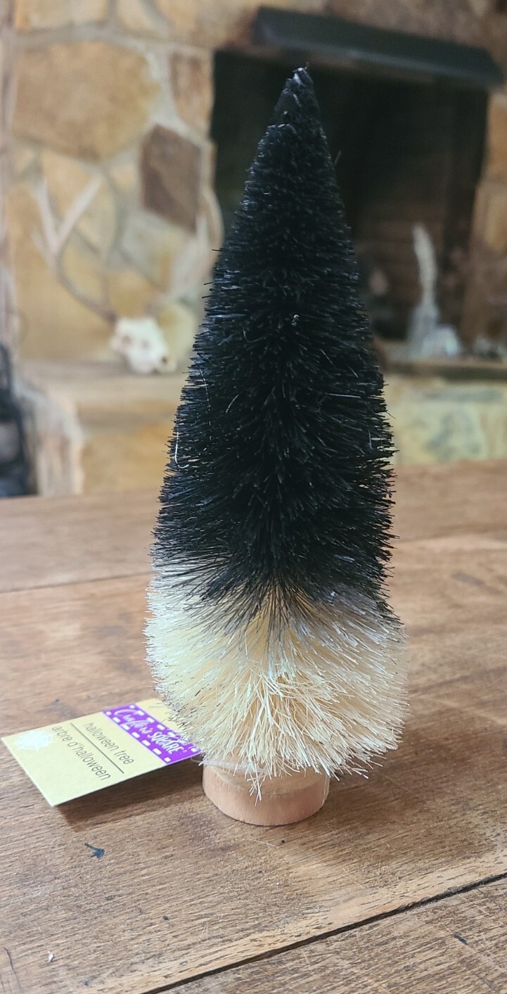 NEW Halloween Black Cream Bottle Brush Tree Spooky Village 7 In Wooden Base