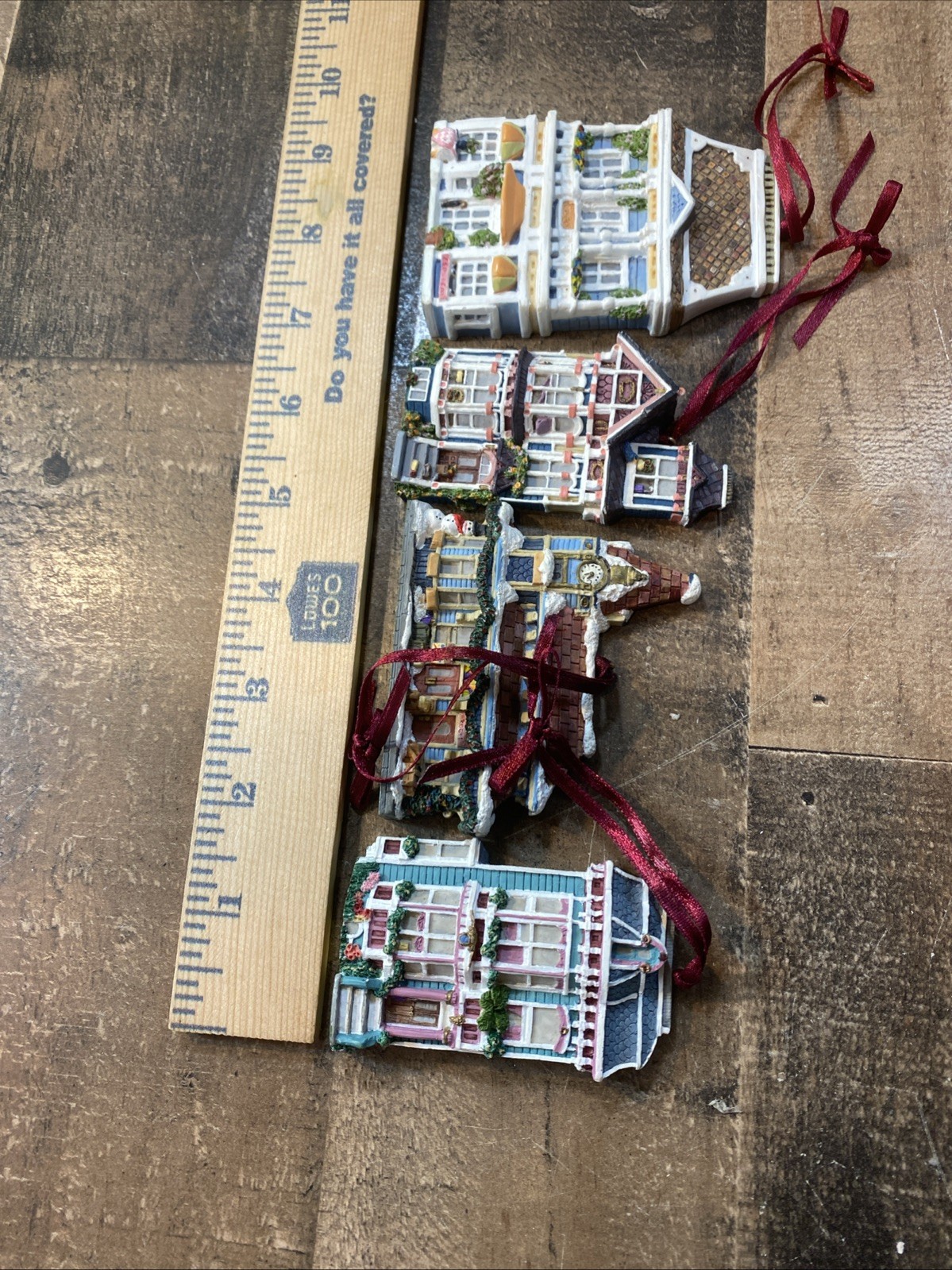 Set of 4 Vintage Victorian House 3D Ornaments Wall Hanging Hand Painted Resin