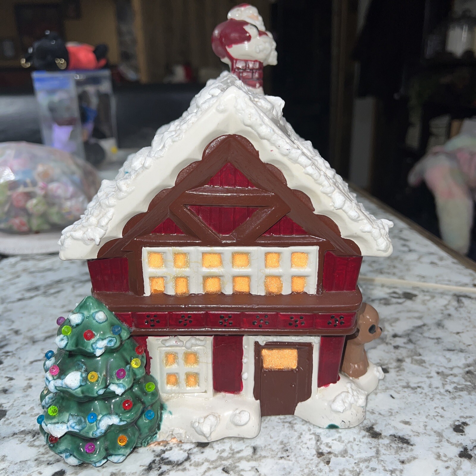 Vintage Ceramic Christmas Chalet House Cabin w Santa In Chimney 9.5”x 9” Pegs