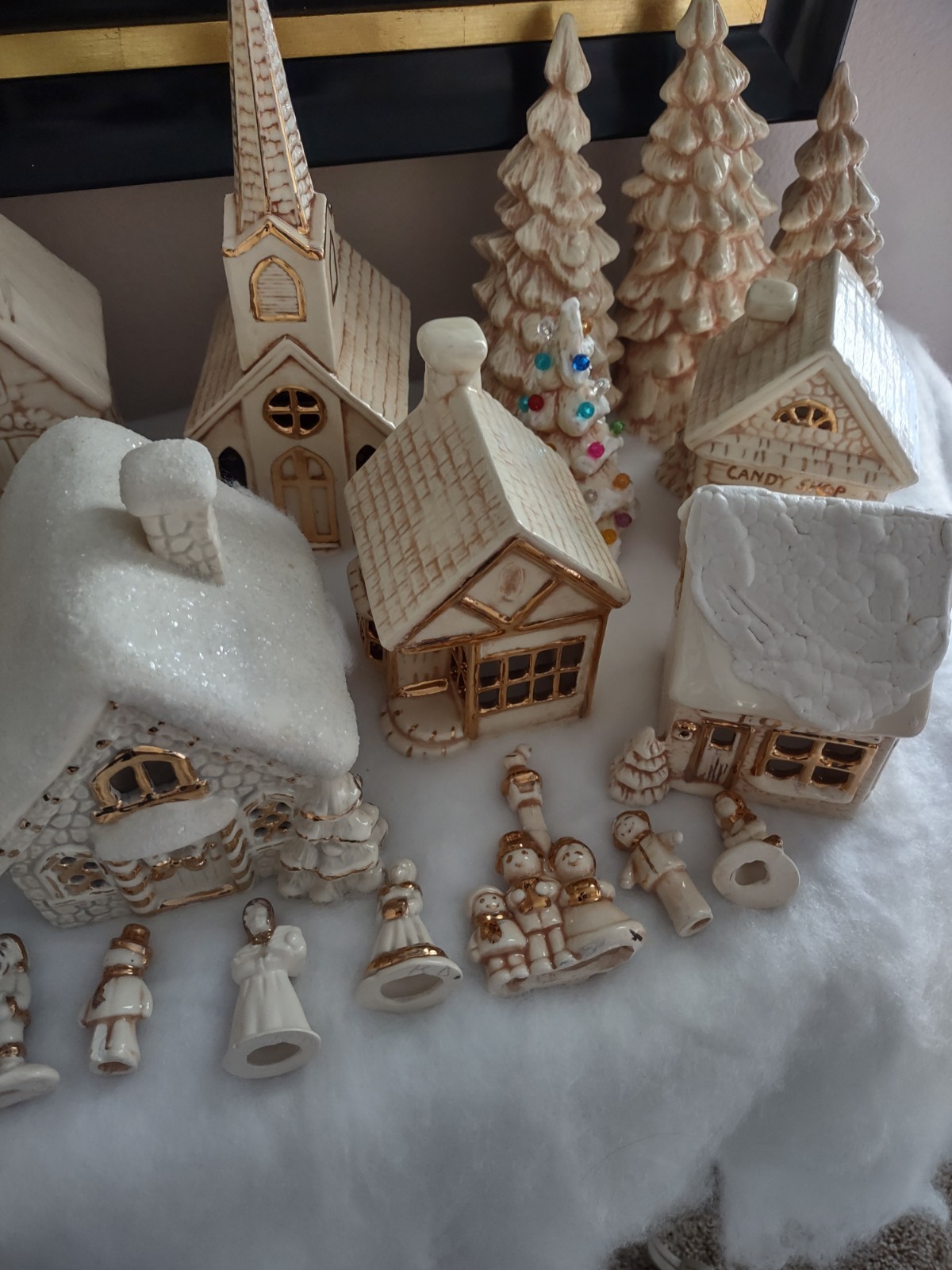 Vintage Ceramic Village 16 Pieces Plus Extra Figures , Hand Painted Gold Trim