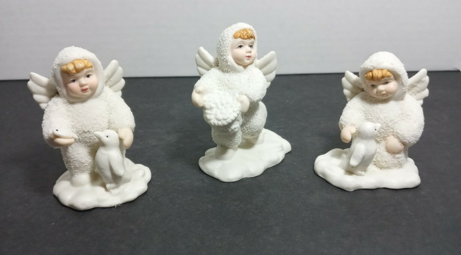 3 CHILDREN with Angel Costume and Penguin Christmas Figures 3.5 inch