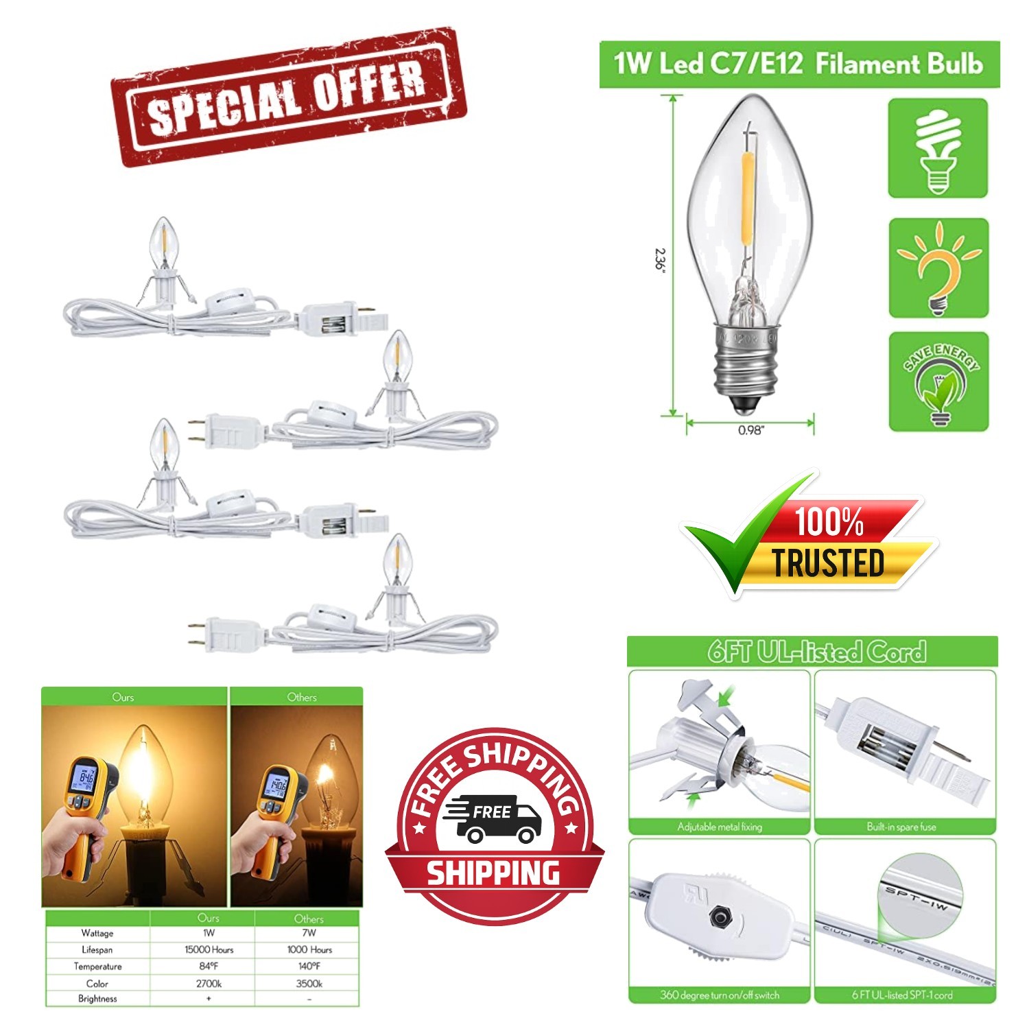 LED Holiday Lighting Kit – 4 Bulbs & Cord for Christmas Village Decorations