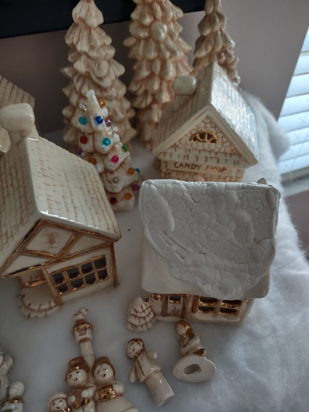 Vintage Ceramic Village 16 Pieces Plus Extra Figures , Hand Painted Gold Trim