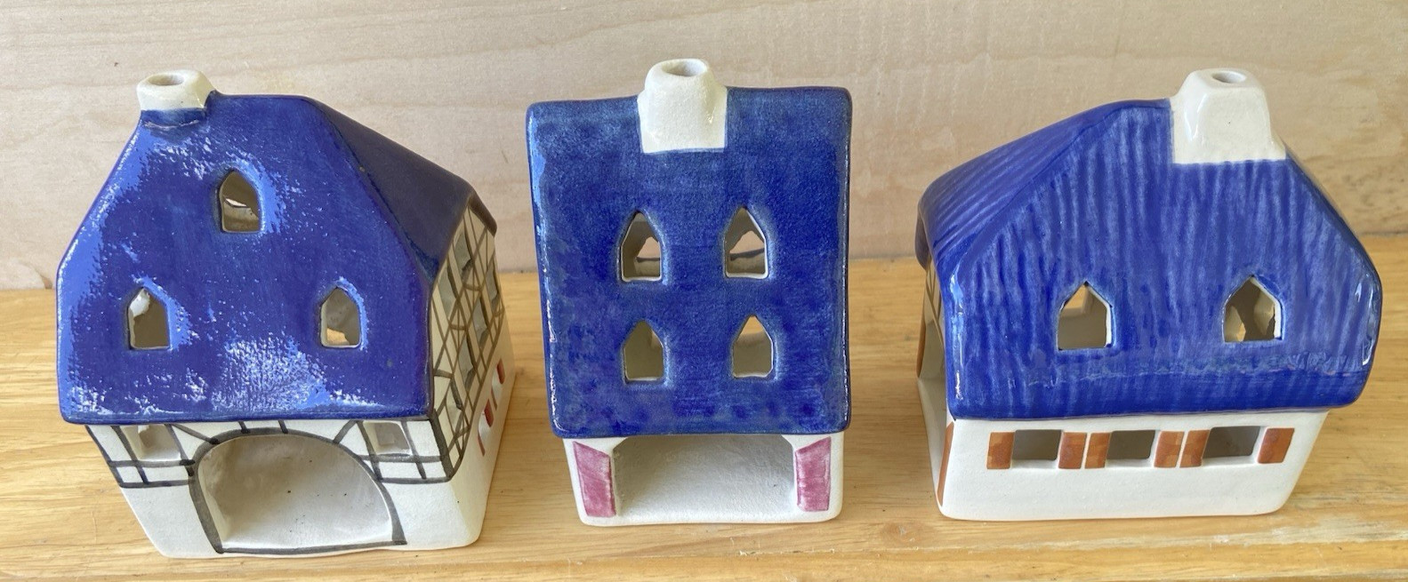 Set of 3 Vintage Ursula Leyk Tea Light Cottages`w/Blue Roofs~Dated 1985 and 1988