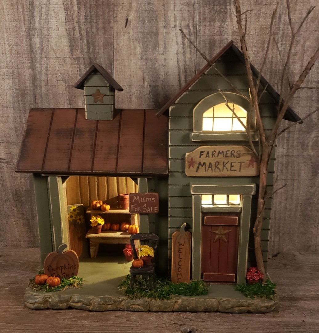 Primitive Handmade Lighted Wooden Farmers Market House Fall Decor FolkArt