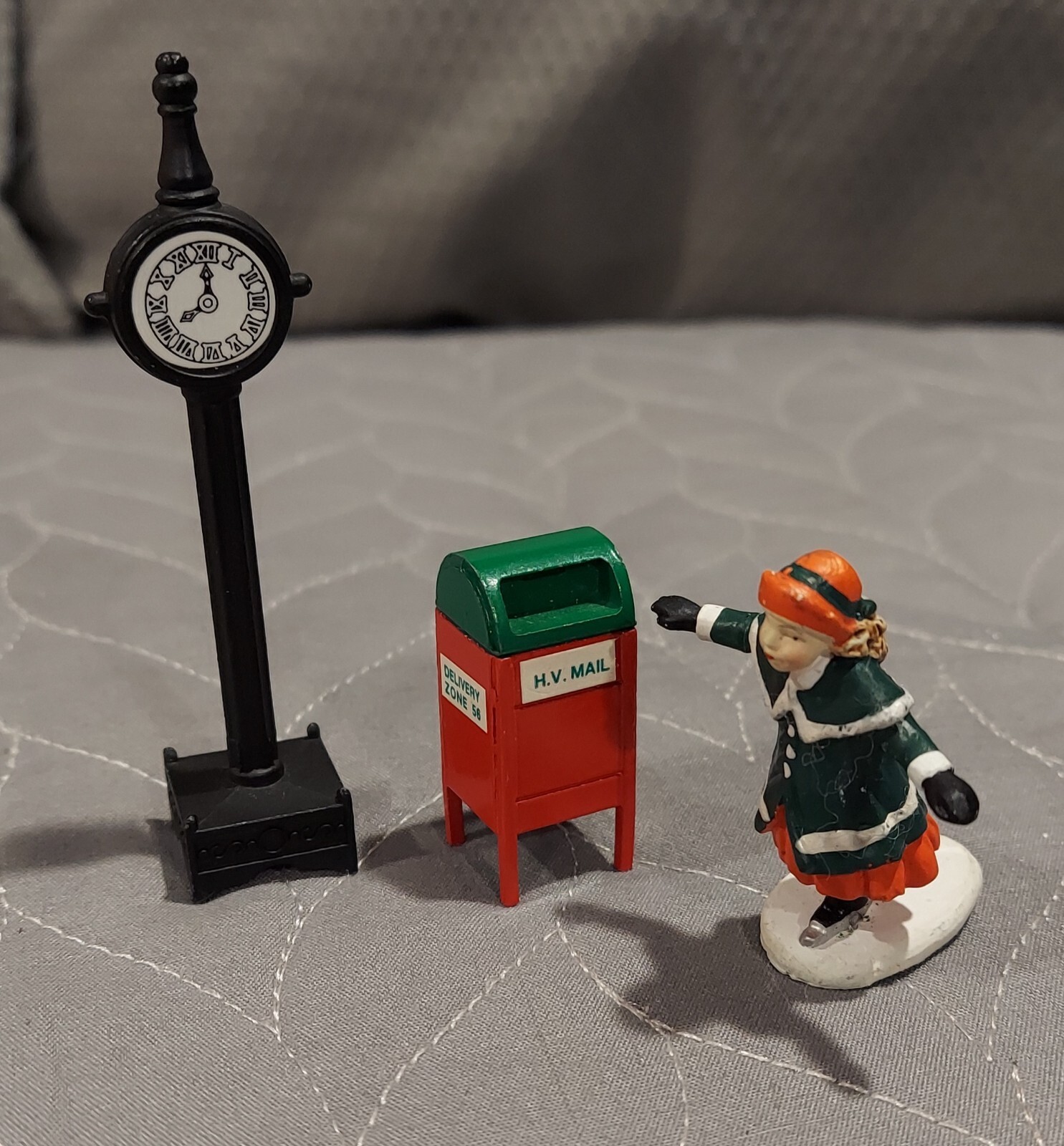 Dept 56 LOT BLACK Metal Village Clock RED MAILBOX Bonus Skater