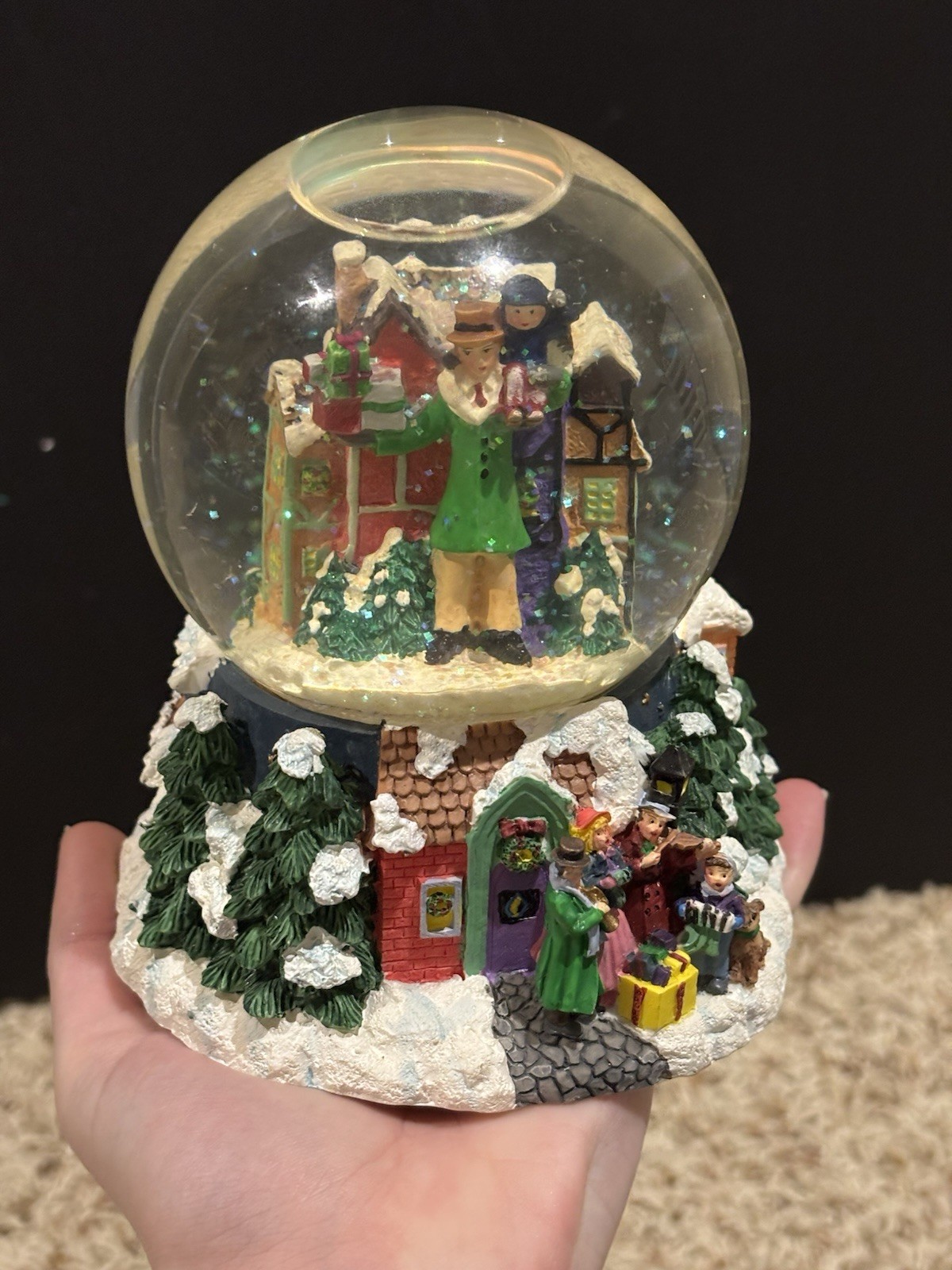 Christmas Village Snow Globe Scene with House and Figurines