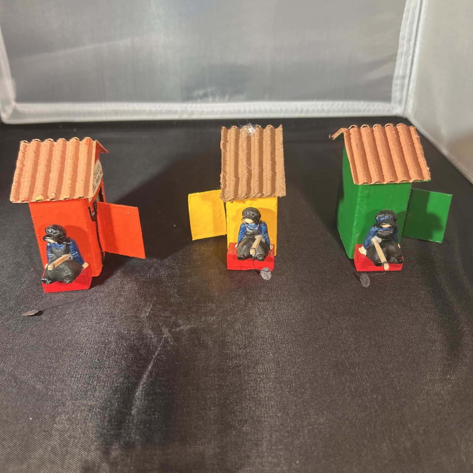 3 Vintage 80’s Painted Wood Christmas Village Ice Shanty W/Fishermen Folk Art 3”
