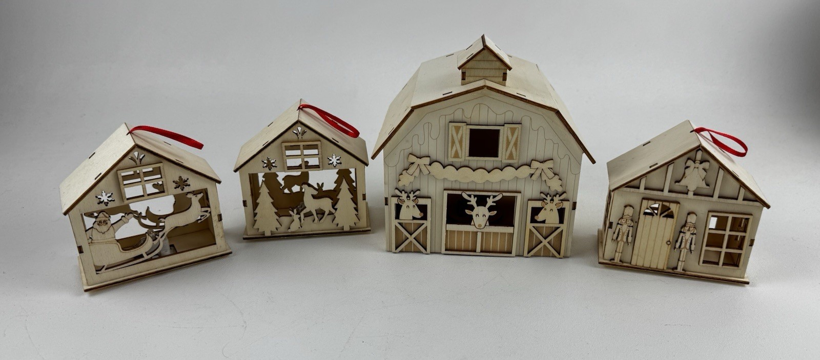 Christmas Village Lights Up Set of 4 Unfinished Wood Holiday Houses And Barn Diy
