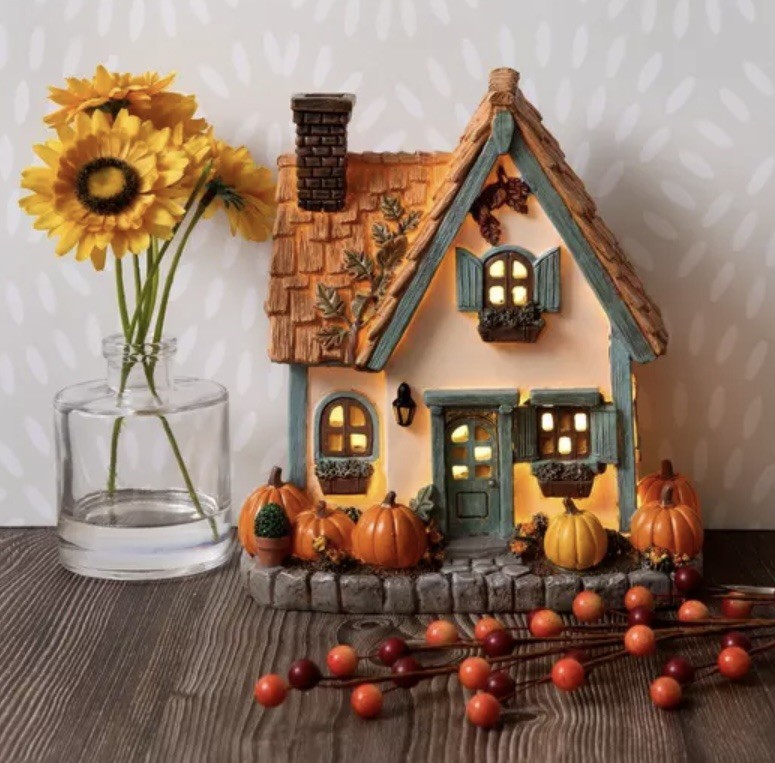 Hobby Lobby Cozy Fall Cottage Light Up House Pumpkins Blue Trim 7.5in Tall