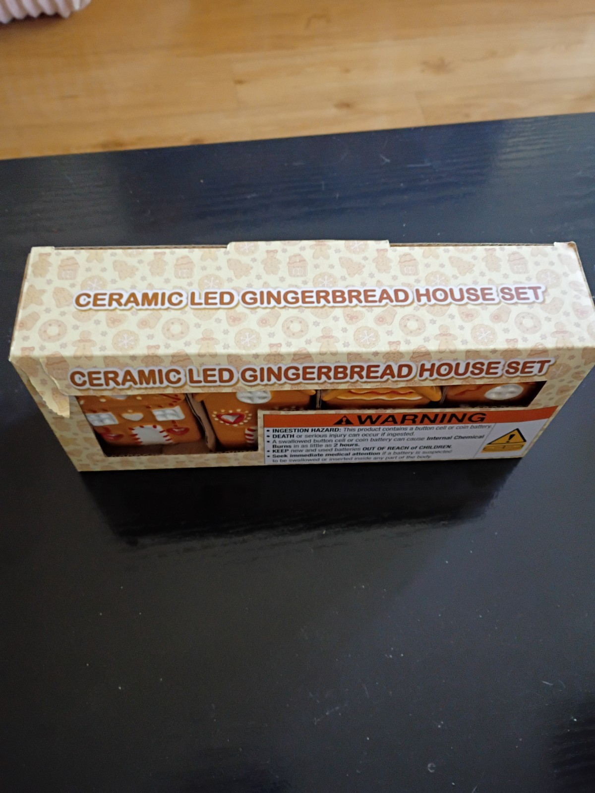 Ceramic Holiday LED Lit Gingerbread Festive Village Houses 4″ Set of 4 – NIB