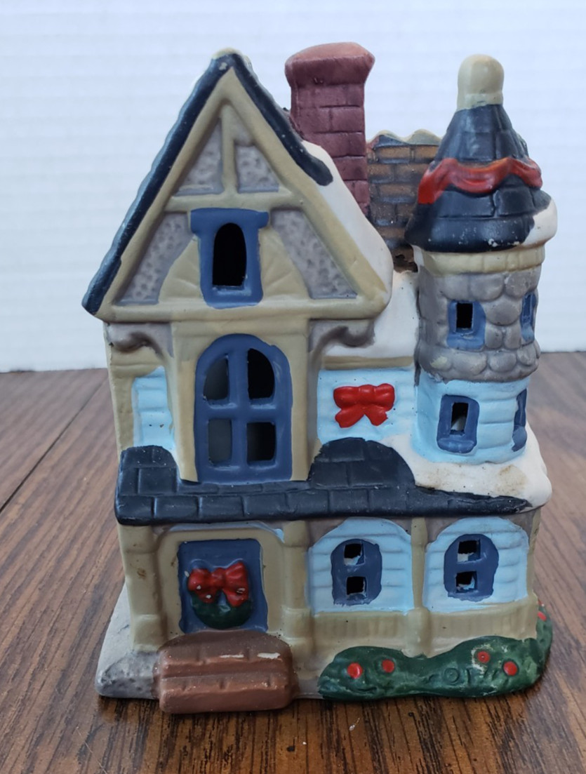 Hand Painted Porcelain Ceramic Christmas Town Small Two Story Victorian Home
