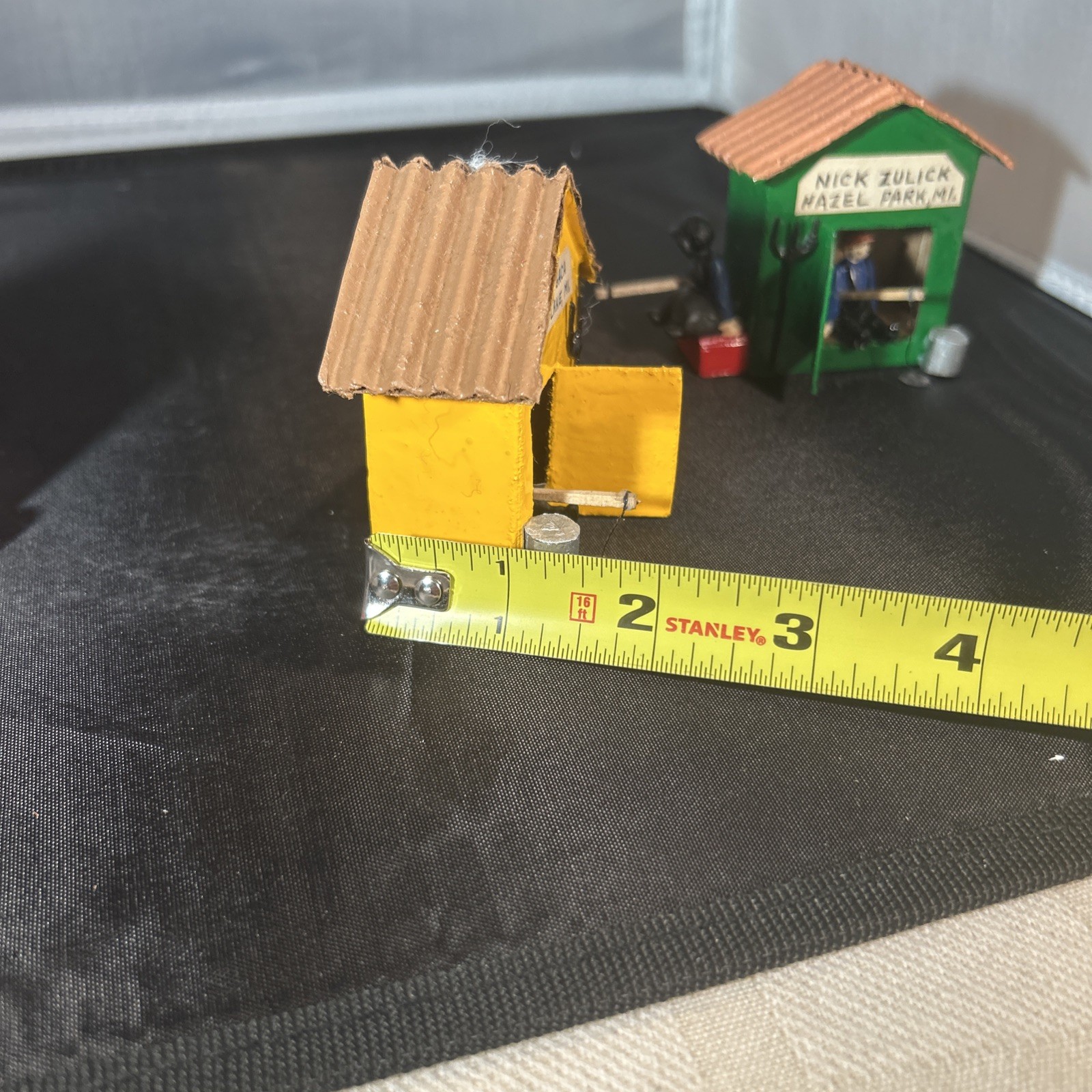 3 Vintage 80’s Painted Wood Christmas Village Ice Shanty W/Fishermen Folk Art 3”