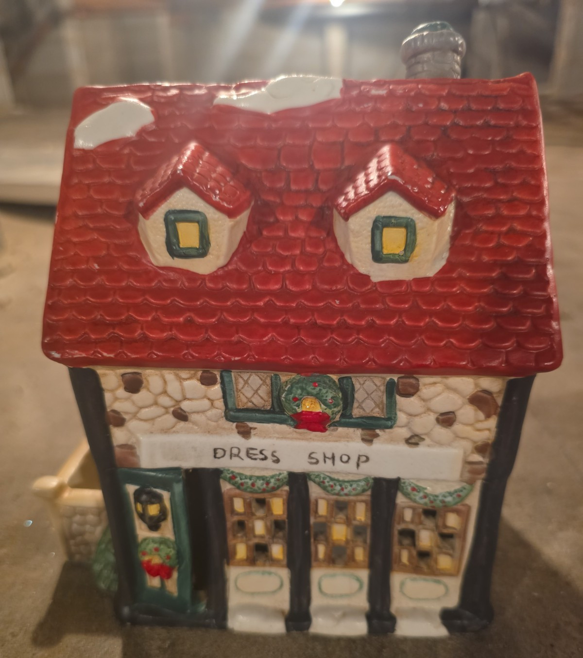 2pc Ceramic Christmas Village Buildings Dress Shop & Water Mill House, Painted
