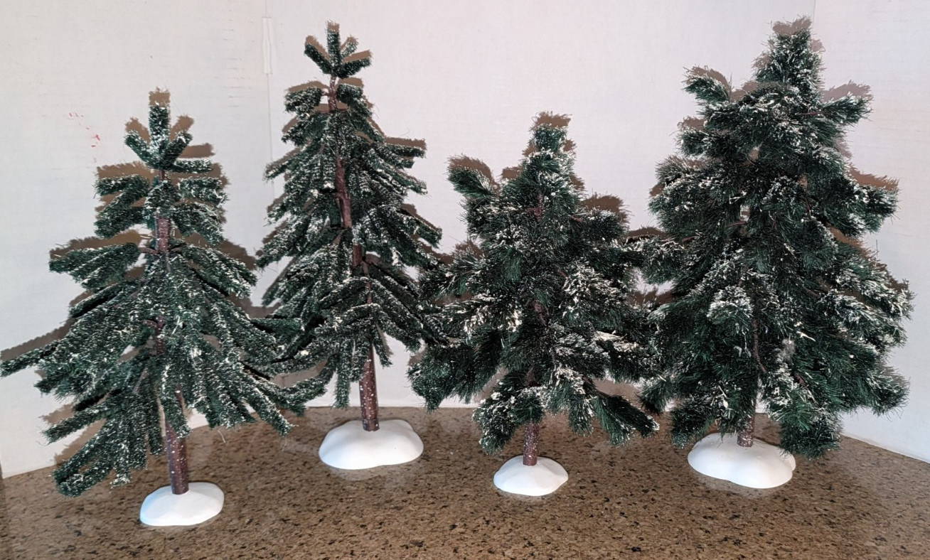 Dept 56 Village Landscape Trees Tree Lot of 4 Jack Pines Spruce Frosted 13″-15″