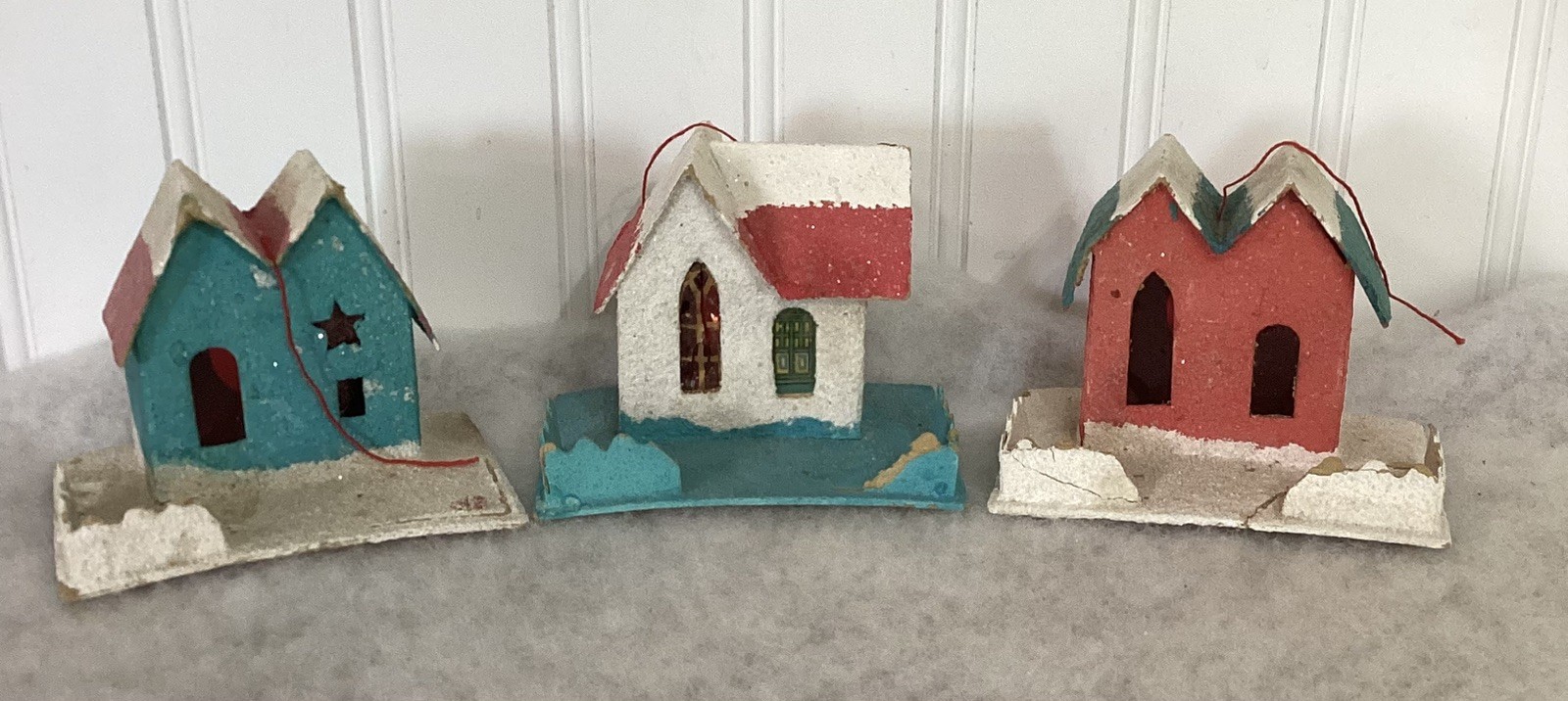 3 Vintage Putz Japan Cardboard Paper Mache Glitter Christmas Houses