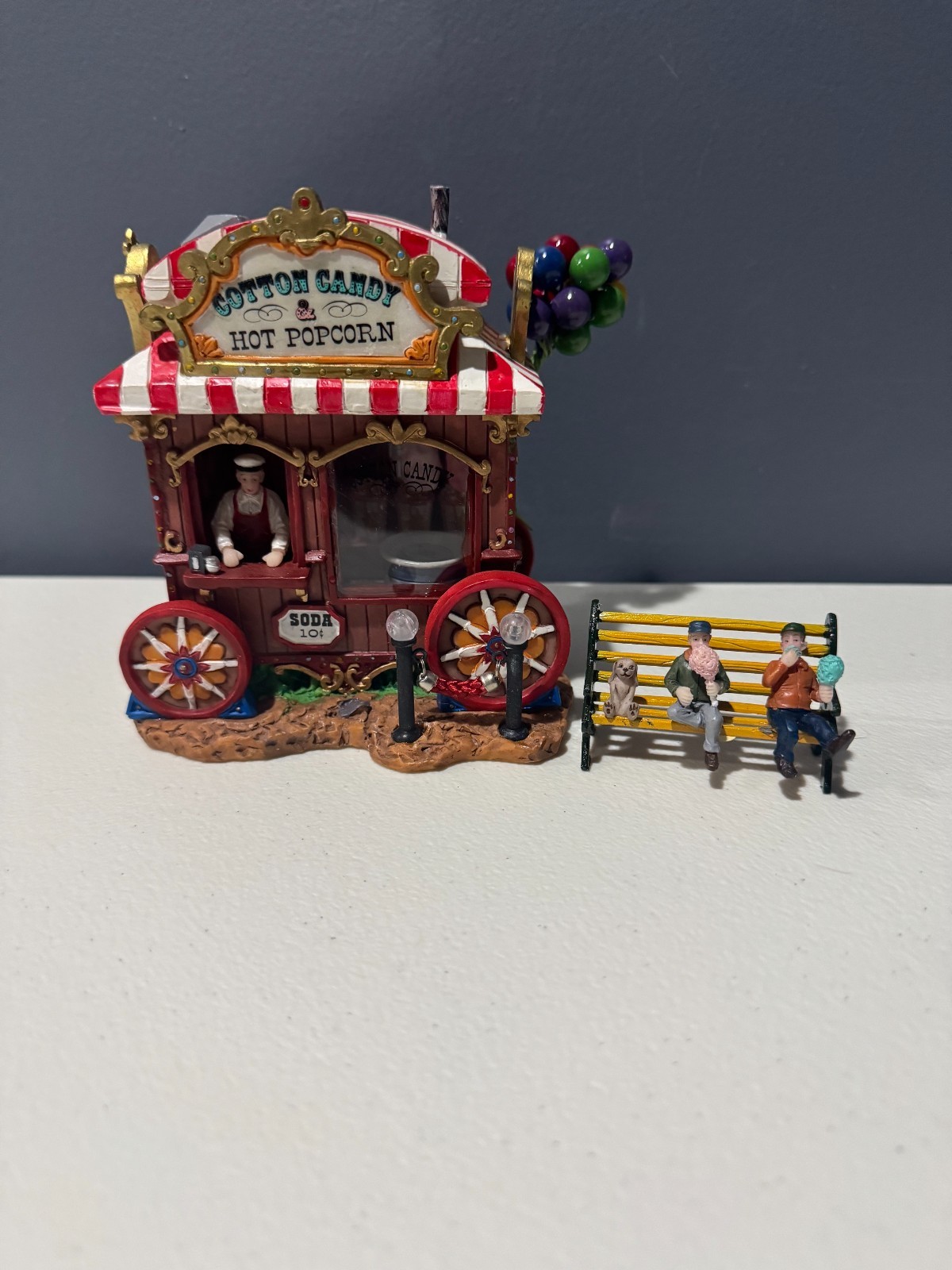 Lemax Carnival Food Kiosk COTTON CANDY & HOT POPCORN NEW NIB w/ BENCH + BOYS