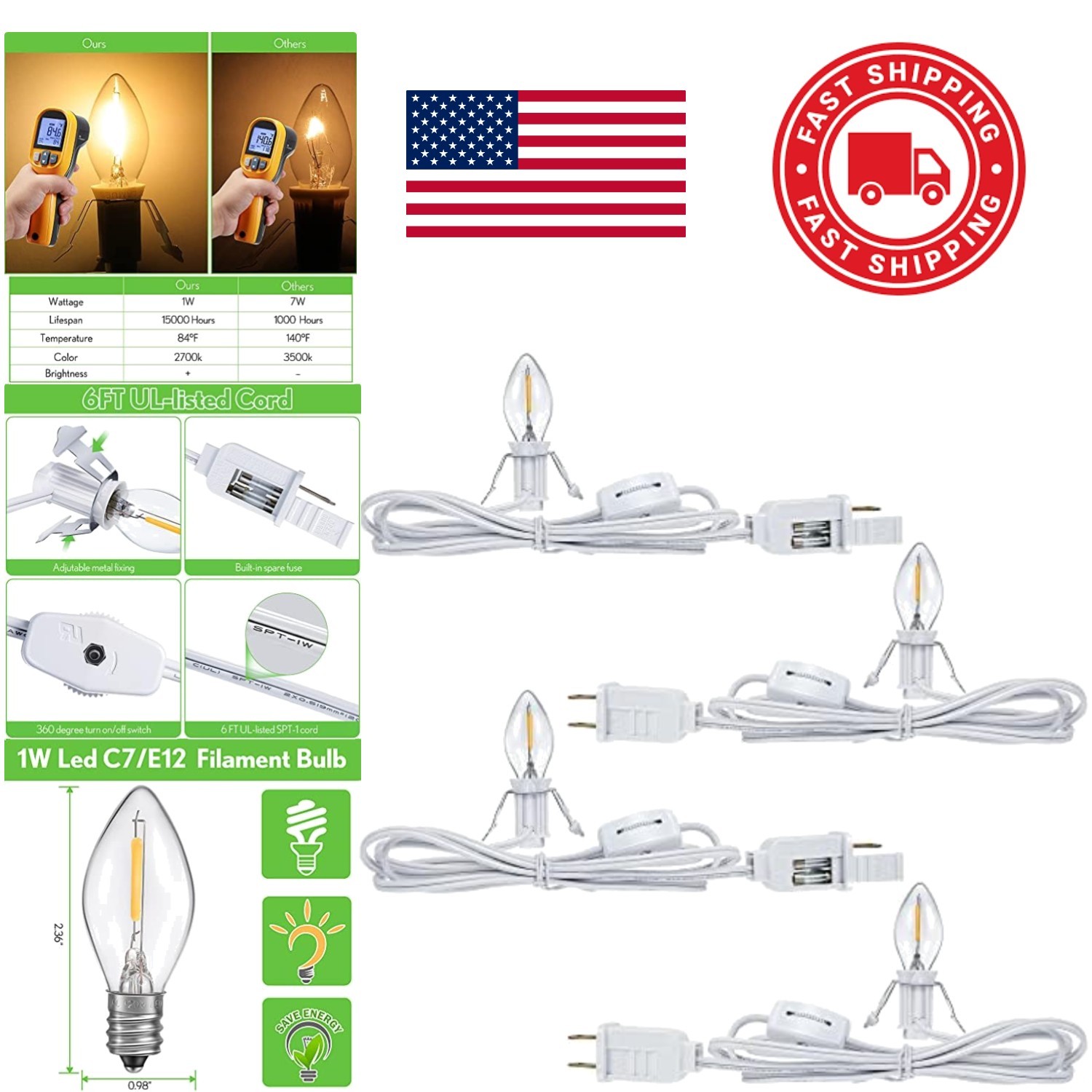 Accessory Cord with LED Light Bulb Kit 6ft On Off Switch for Christmas Village