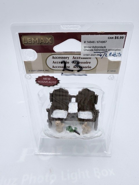 Lemax Christmas village Winter Adirondack bench with bunnies #14846