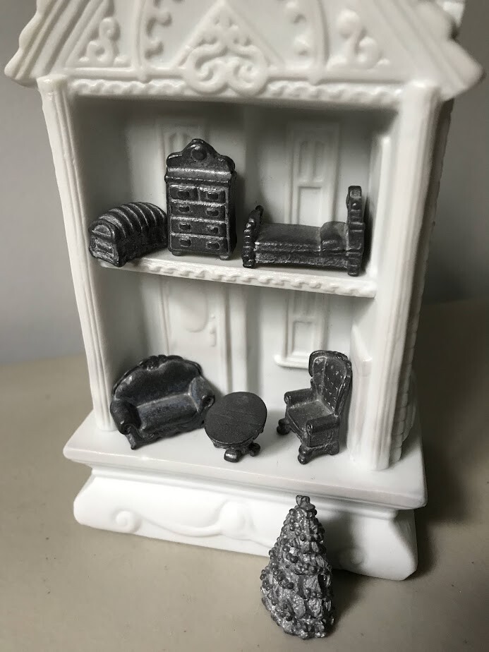 Vintage Dept 56 White Porcelain Dollhouse w Doll & Pewter Furniture Rare w Box